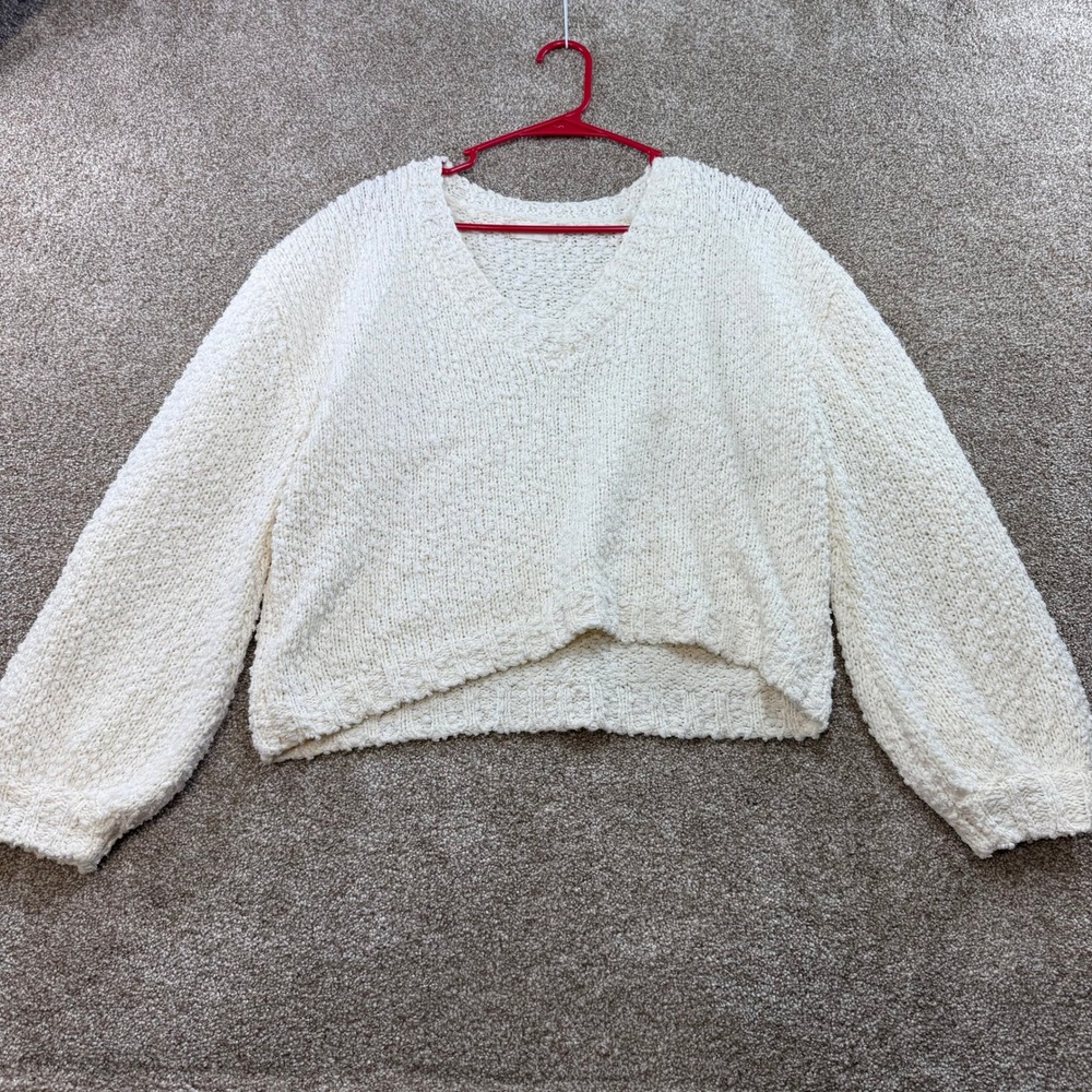 Altard State Womens Cream Popcorn Knit V-Neck Balloon Sleeve Sweater Medium